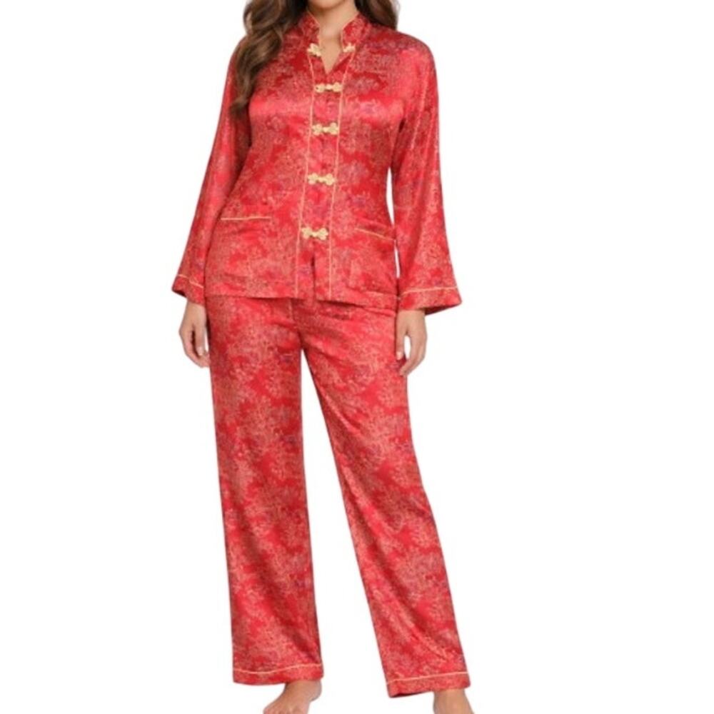 Peony Shanghai China Chinese‎ Pajama Set Womens L Red Asian Floral Loungewear